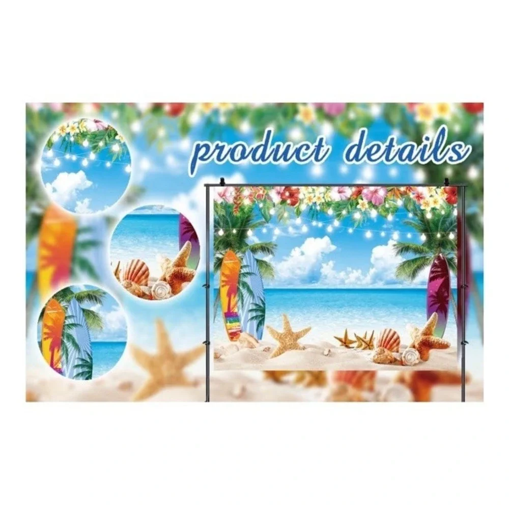 7X5Ft Summer Hawaiian Beach Backdrop for Photography Tropical Flower Luau Hawaii - Picture 3 of 4